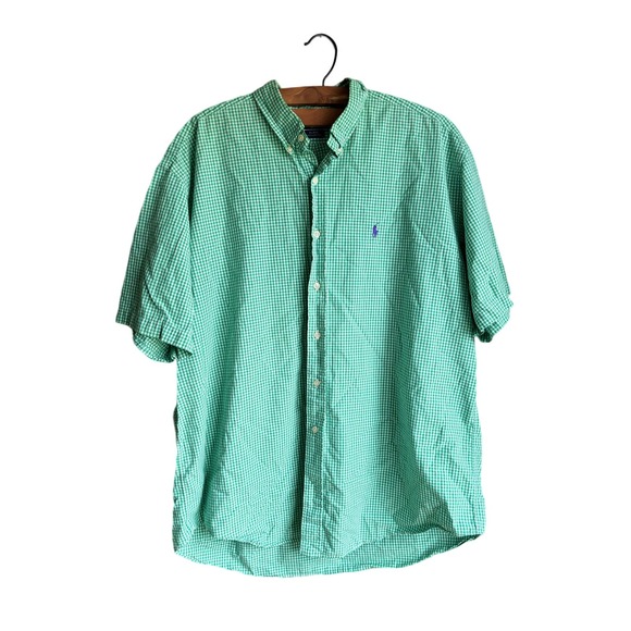 Ralph Lauren Mens Blake Button Up Shirt Short‎ Sleeve Gingham Collared Green XL - Picture 1 of 3